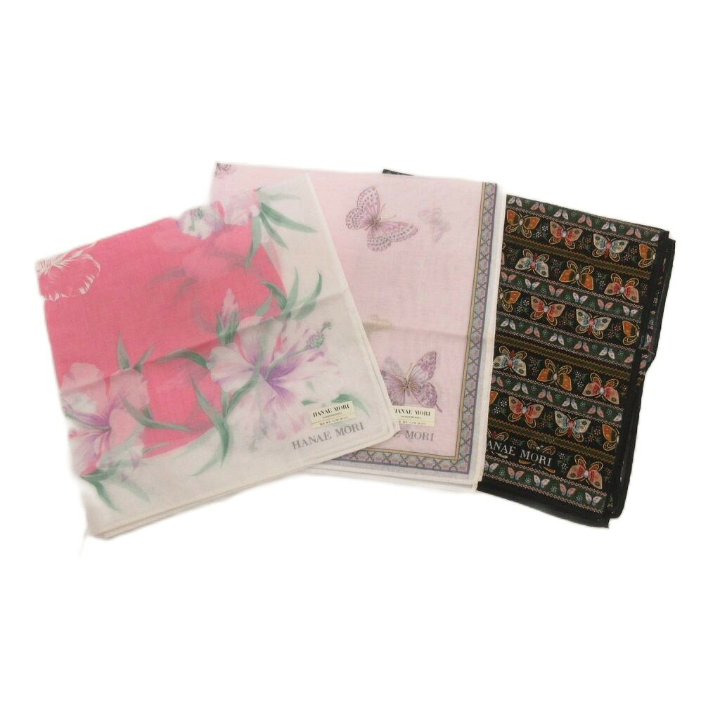 中古 ハナエモリ HANAE MORI 3点セット ハンカチ 花柄 バタフライ柄 ホワイト系 ブラック系 ピンク系 レデ…