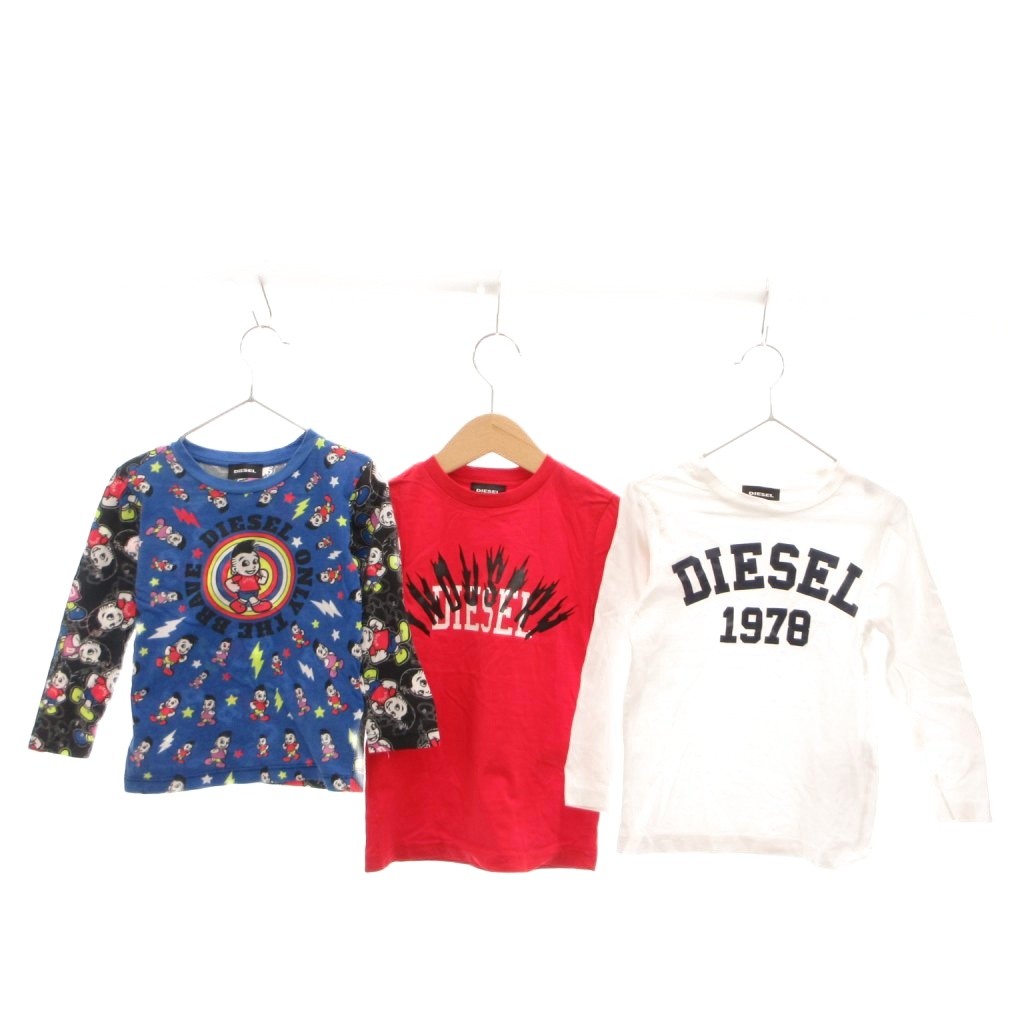 【中古】ディーゼル DIESEL 3点セット まとめ Tシャツ 半袖 長袖 クルーネック ロゴ 3-4 白 ホワイト? 赤 レッド 青 ブルー /OB キッズ 【ベクトル 古着】 260728