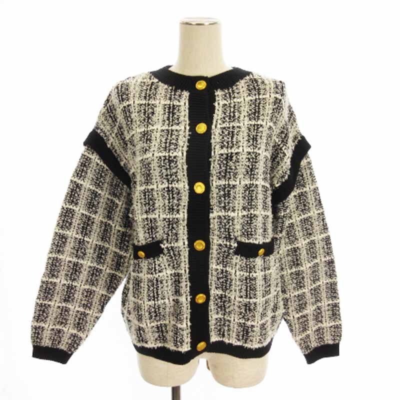 【中古】スナイデル SNIDEL ツイード ニット カーディガン 長袖 クルーネック 金ボタン コットン混 SWNT215080 黒 ブラック F レディース 【ベクトル 古着】 250717