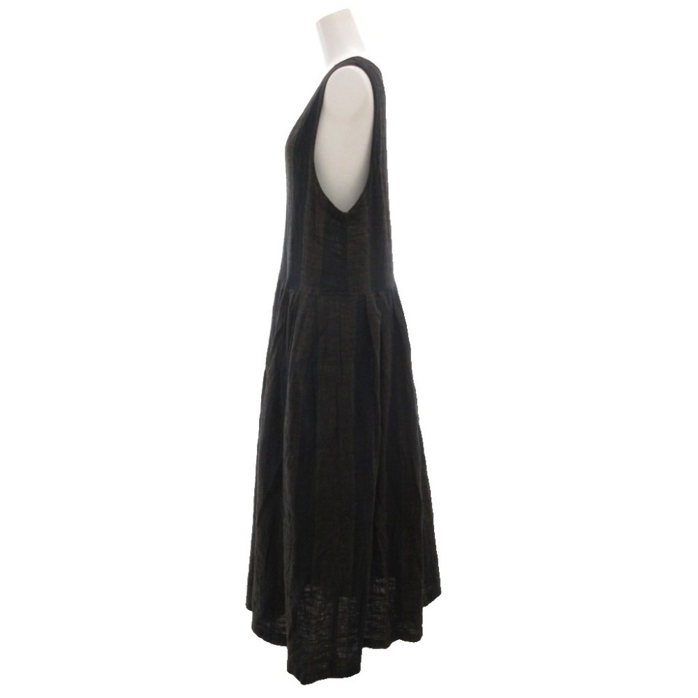 【中古】アンティカ antiqua キヌ KINU ノースリーブワンピース ロング Vネック ストライプ リネン混 F 黒 ブラック 茶 ブラウン /GV ■FF レディース 【ベクトル 古着】 251030