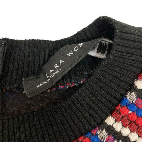 【中古】ザラウーマン ZARA WOMAN ミニワンピース 半袖 クルーネック 総柄 コットン混 9775/040/600 M 黒 ブラック 赤 レッド 青 ブルー 白 ホワイト レディース 【ベクトル 古着】 250202
