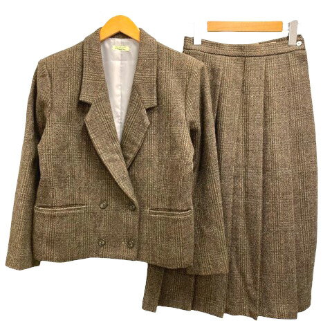【中古】Kirklees Philles スーツ ジャケット プリーツスカート ウール チェック ロング丈 M 茶 ブラウン レディース 【ベクトル 古着】 250220