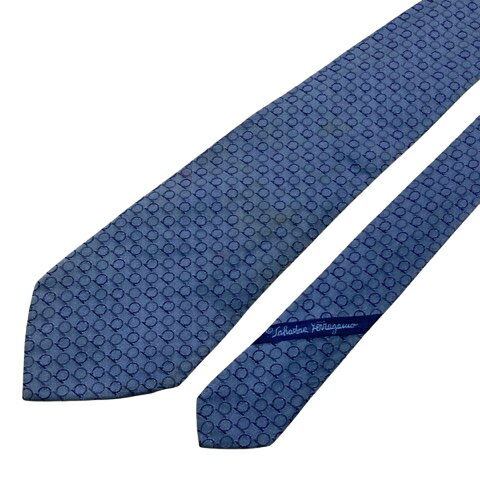 【中古】サルヴァトーレフェラガモ Salvatore Ferragamo ネクタイ ワイドタイ 総柄 絹 シルク 光沢 グレー 紺 ネイビー メンズ 【ベクトル 古着】 250411