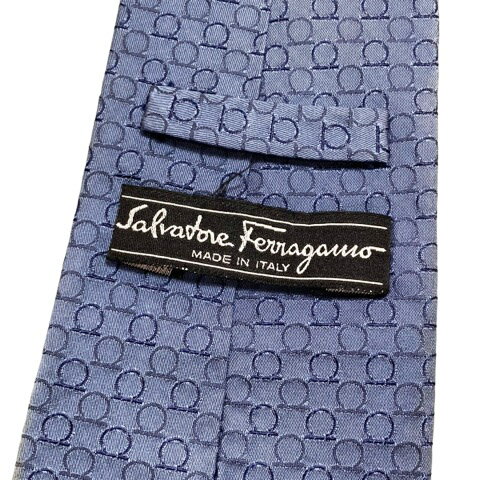 【中古】サルヴァトーレフェラガモ Salvatore Ferragamo ネクタイ ワイドタイ 総柄 絹 シルク 光沢 グレー 紺 ネイビー メンズ 【ベクトル 古着】 250411