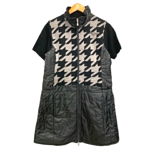 【中古】マリクレール MARIE CLAIRE ジャケット ニット 切替 半袖 ロゴ 刺繍 チュニック丈 ゴルフ L 黒 ブラック グレー レディース 【ベクトル 古着】 250722