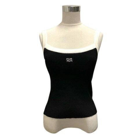 【中古】ファーファー furfur ニットキャミソール カップイン リブ ロゴ刺繍 F 黒 ブラック 白 ホワイ..