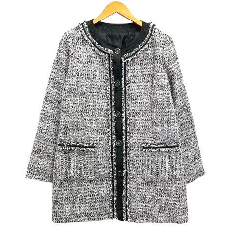 【中古】SANS FIN ツイードジャケット 上着 コート ノーカラー LL 黒ブラック 白 ホワイト レディース ..