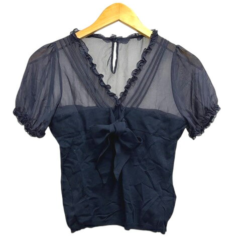【中古】ストロベリーフィールズ STRAWBERRY-FIELDS ニット カットソー ブラウス シアー フリル リボン 半袖 無地 紺 ネイビー レディース 【ベクトル 古着】 251021