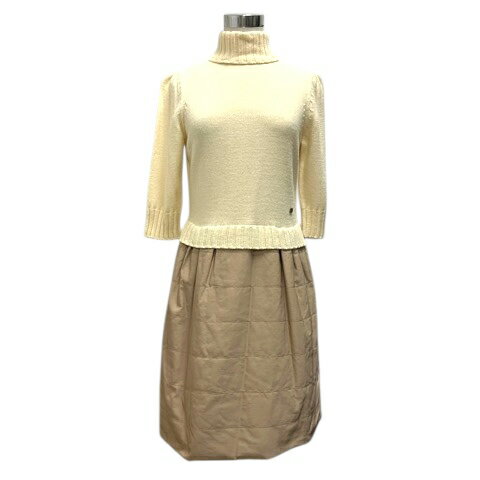 【中古】エムズグレイシー M'S GRACY ドッキングワンピース タートルネック ウール混 ナイロン 中わた 七分袖 ひざ丈 40 白 ホワイト ベージュ レディース 【ベクトル 古着】 251118