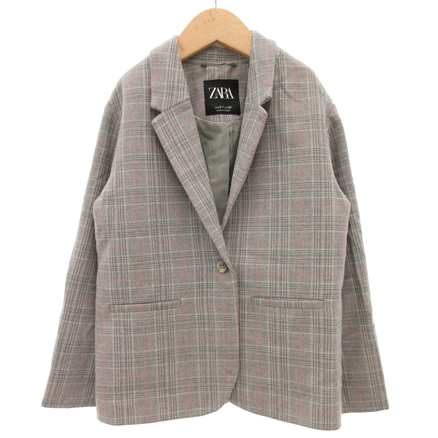 【中古】ザラ ZARA テーラードジャケット ブレザー シングル 総裏地 センターベント チェック 120 グレー ピンク /GV キッズ 【ベクトル 古着】 250805