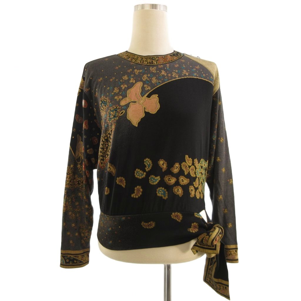 樂天商城 - 【中古】レオナール LEONARD FASHION カットソー 長袖 ウールシルク 総柄 裾リボン 黒 茶 S ■ECT レディース 【ベクトル 古着】 260106