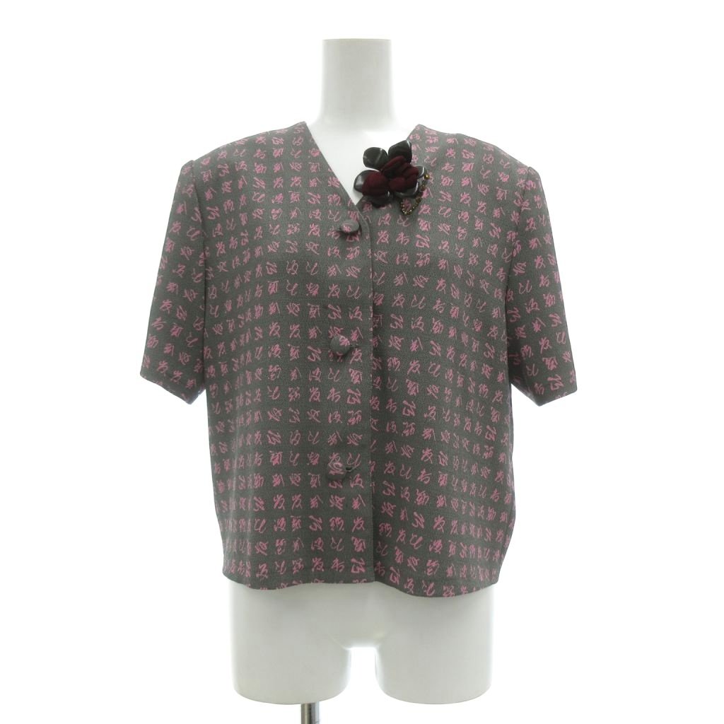 【中古】シセンドウ 詩仙堂 HITOSHI TAMURA シャツ ジャケット ちりめん グレー ピンク Vネック 半袖 総柄 コサージュ /SX ■SK レディース 【ベクトル 古着】 260525
