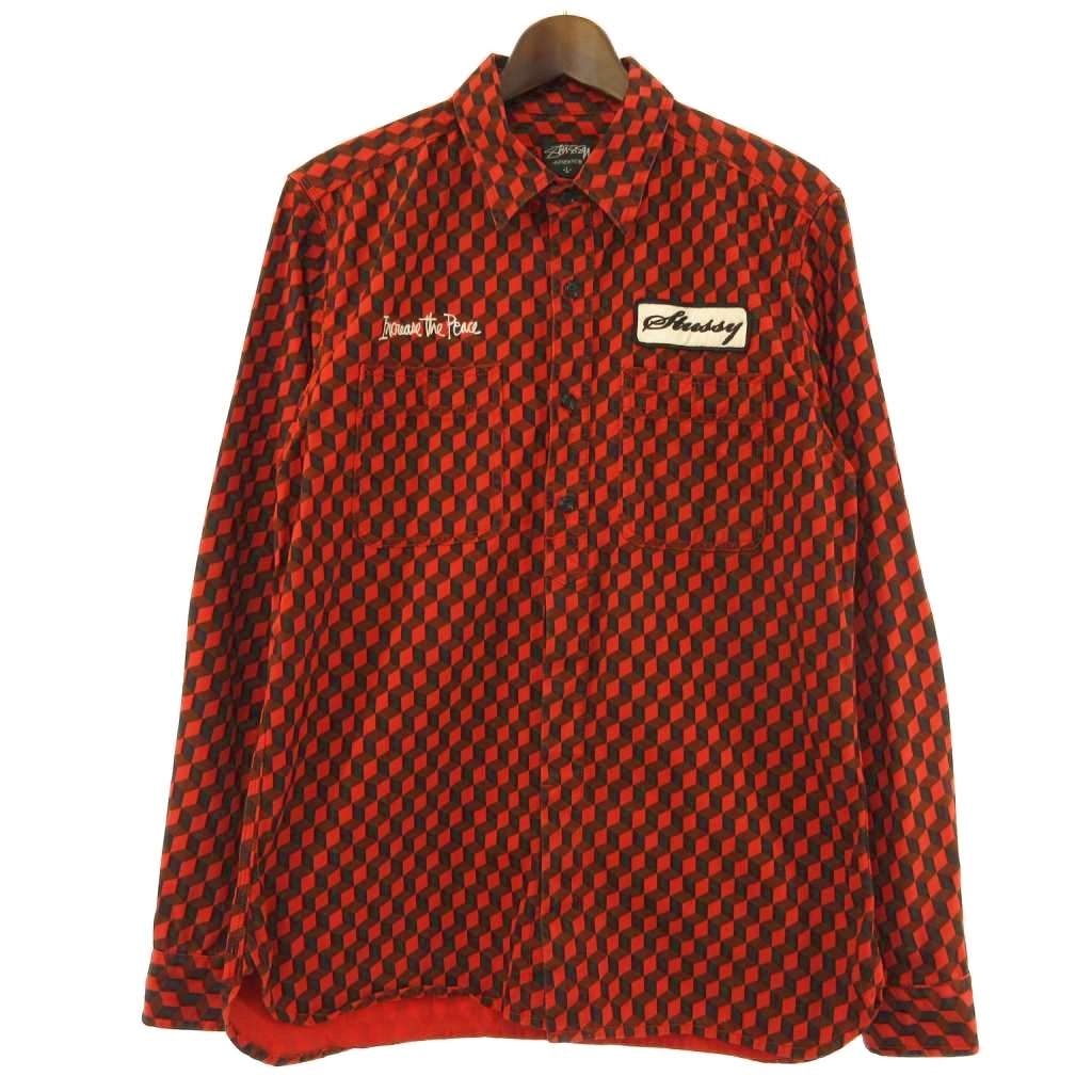 【中古】ステューシー STUSSY シャツ 長袖 ロゴワッペン 立体ブロック柄 コットン レッド L メンズ 【ベクトル 古着】 260729