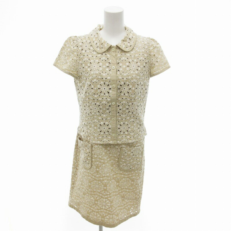 【中古】49アベニュー ジュンコシマダ 49AV. junko shimada 総刺繍ワンピース ジャケット セットアップ リネン ひざ丈 半袖 花柄 38 M ベージュ /BL 0905 ■DC6 レディース 【ベクトル 古着】 240906