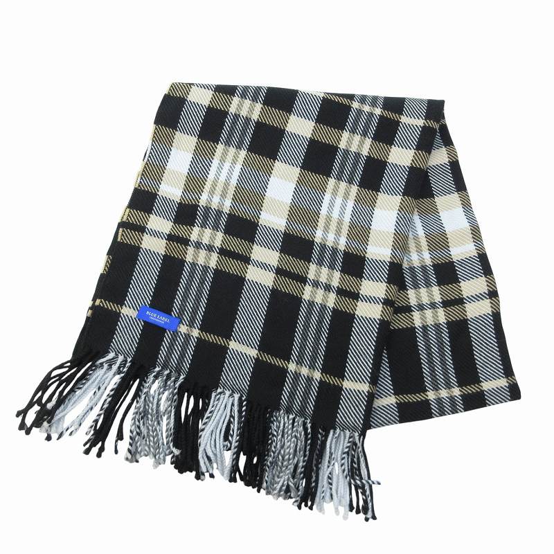 【中古】ブルーレーベルクレストブリッジ BLUE LABEL CRESTBRIDGE チェック マフラー ストール フリンジ 黒 ブラック IBO69 0418 レディース 【ベクトル 古着】 250418