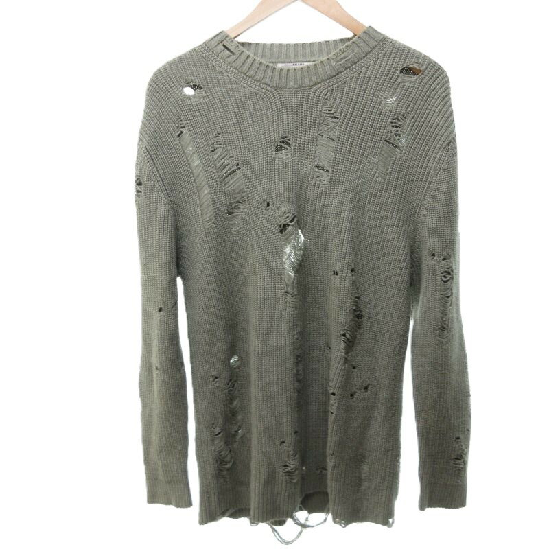 【中古】ベルシュカ Bershka ダメージニット セーター 長袖 カーキ 緑系 USXS 約Sサイズ 0524 メンズ 【ベクトル 古着】 250524