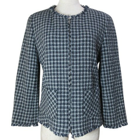 【中古】マックスマーラ ウィークエンドライン MAX MARA WEEKEND LINE ツイード セットアップ スーツ ノーカラージャケット スカート ひざ丈 タイト チェック 38 M相当 40 L相当 ネイビー ホワイト /X レディース 【ベクトル 古着】 260224 2