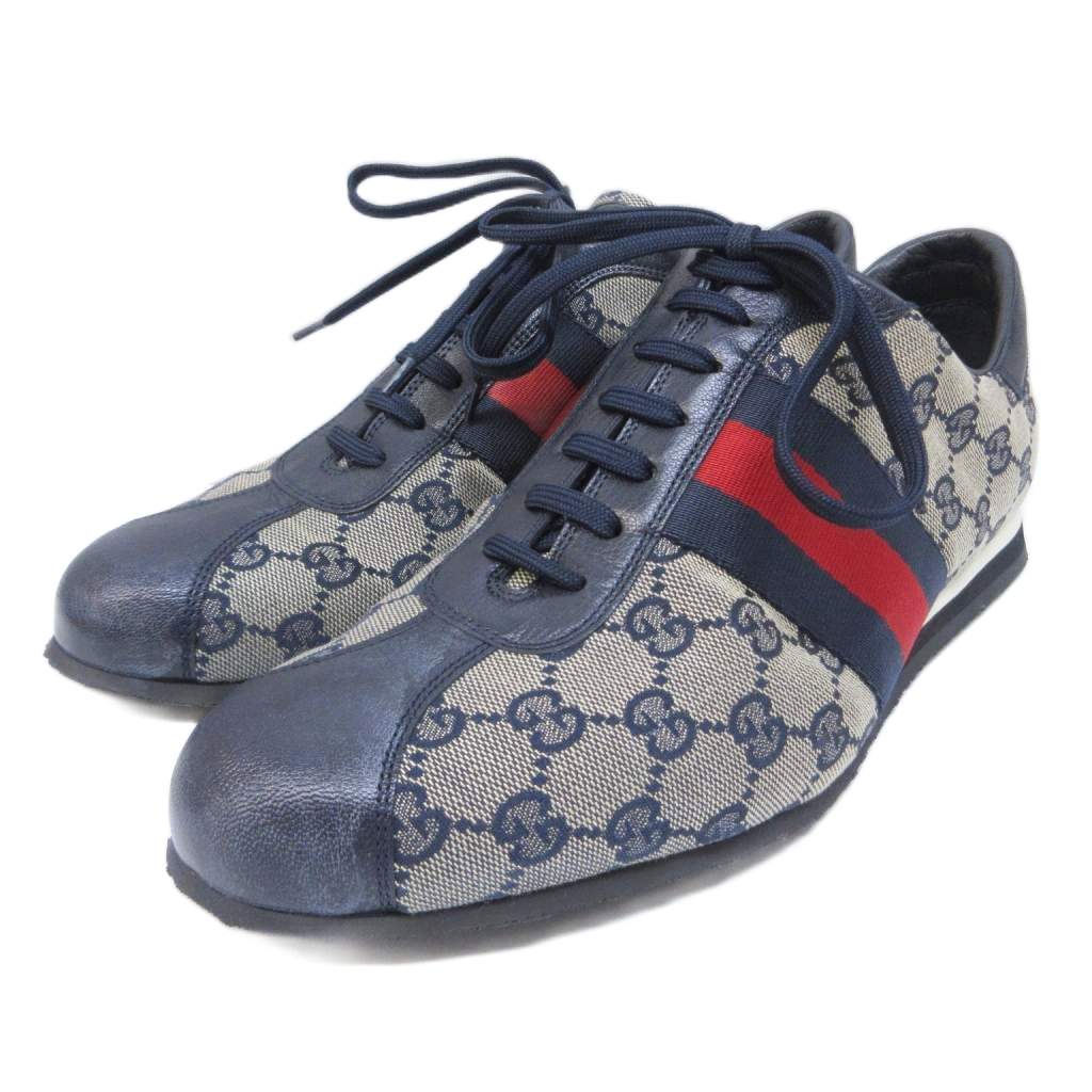 gucci///////////////\' - 【中古】グッチ GUCCI 美品 シェリーライン GGキャンバス スニーカー 切替 レザー 42 約27cm ベージュ ネイビー 系 117711 IBO95 0427 メンズ 【ベクトル 古着】 260427
