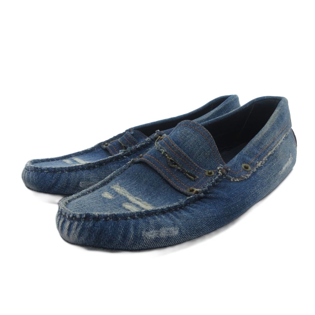 【中古】トッズ TOD'S デニム ドライビングシューズ ゴンミーニ スリッポンダメージ加工 リベット 7 1/2 インディゴブルー /HW IBO95 メンズ 【ベクトル 古着】 260503