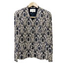 【中古】ジュンアシダ jun ashida ノーカラージャケット ダマスク柄 総柄 9 紺 ネイビー ベージュ 0122 レディース 【ベクトル 古着】 250122