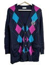 【中古】アクアスキュータム AQUASCUTUM ニット カーディガン 8F アーガイル柄 ラメ ラインストーン ウール ネイビー ピンク ライトブルー 長袖 ...