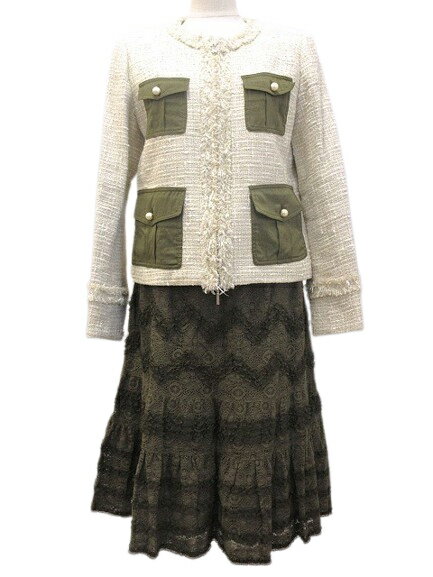 【中古】インゲボルグ INGEBORG セットアップ ツイード レース パール 9号 3 カーキ ベージュ系 スーツ スカート ジャケット レディース 【ベクトル 古着】 250215