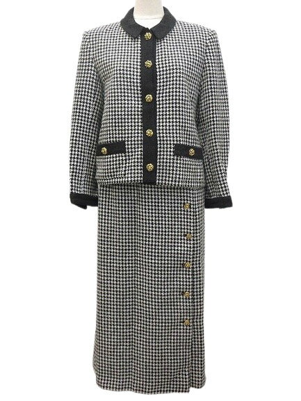 【中古】インゲボルグ INGEBORG 千鳥 ツイード セットアップ スカート スーツ カメリアボタン 黒 ブラック 白 ホワイト ジャケット レディース 【ベクトル 古着】 250223