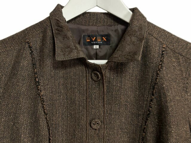 【中古】エヴェックス バイ クリツィア EVEX by KRIZIA ジャケット 42 ヘリンボーン ツイード レース 刺繍 切替 ラメ ブラウン 茶色 長袖 上着 レディース 【ベクトル 古着】 250311