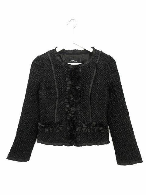 【中古】エポカ EPOCA ノーカラー ジャケット 刺繍 38 ブラック 黒 アウター 上着 レディース 【ベクトル 古着】 250920