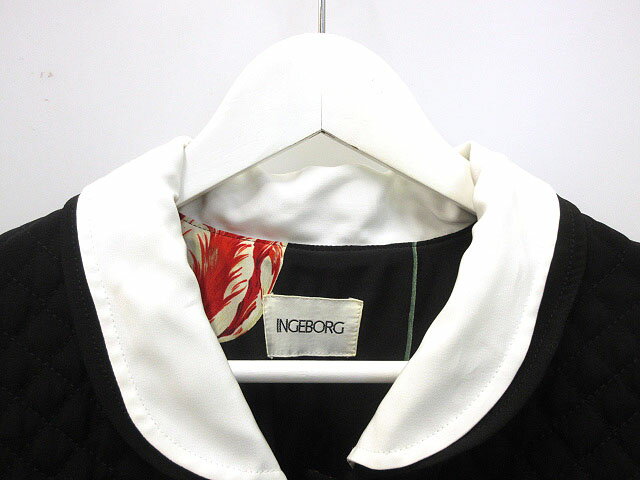 【中古】インゲボルグ INGEBORG キルティング ジャケット ノーカラー リボン パールボタン ブラック 黒 アウター 上着 レディース 【ベクトル 古着】 250921