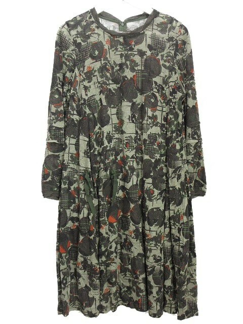 【中古】t.b ティービー センソユニコ ニット チュニック ワンピース 総柄 プリント 40 カーキグレー 緑 長袖 レディース 【ベクトル 古着】 251019