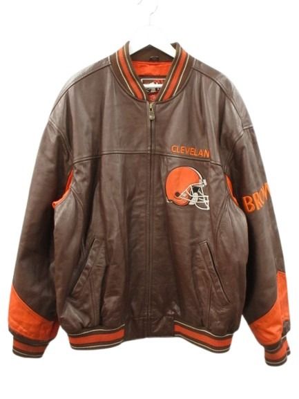 90s NFL クリーブランド ブラウンズ CLEVELAND BROWNS オールレザー スタジャン XL ブラウン オレンジ メンズ  260404