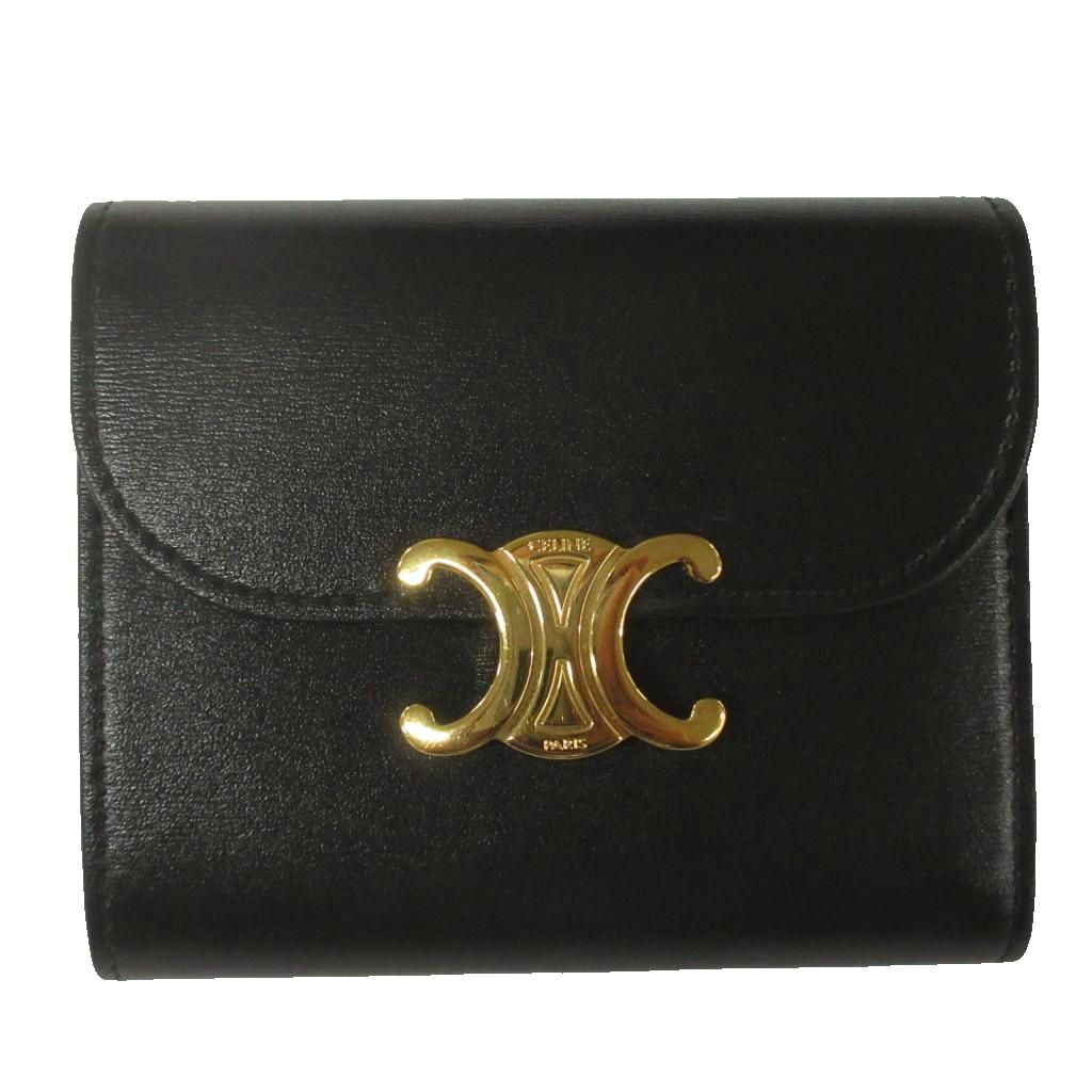 【中古】セリーヌ CELINE スモール フラップウォレット トリオンフ シャイニーカーフスキン 三つ折り財布 ブラック 黒 ☆AA★ レディース 【ベクトル 古着】 260908