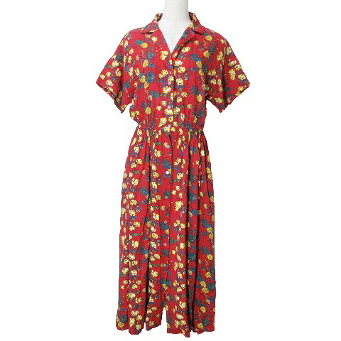 【中古】レインスプーナー reyn spooner × LOWRYS FARM ローリーズファーム 18SS シャツ ワンピース ロング 半袖 オープンカラー 花柄 パイナップル柄 M 赤 X レディース 【ベクトル 古着】 240731