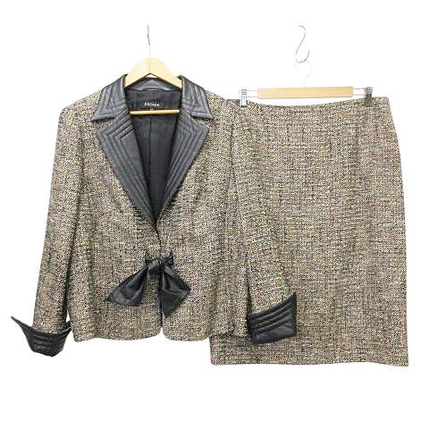 【中古】エスカーダ ESCADA 美品 スカート スーツ ツイード セットアップ ラペル合皮 XL 大きいサイズ ベージュ レディース 【ベクトル 古着】 250111