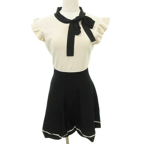 【中古】ミシェルマカロン michell Macaron 美品 ワンピース ひざ丈 フレア リボン フレンチスリーブ 無地 薄手 フリーサイズ ベージュ レディース 【ベクトル 古着】 250610