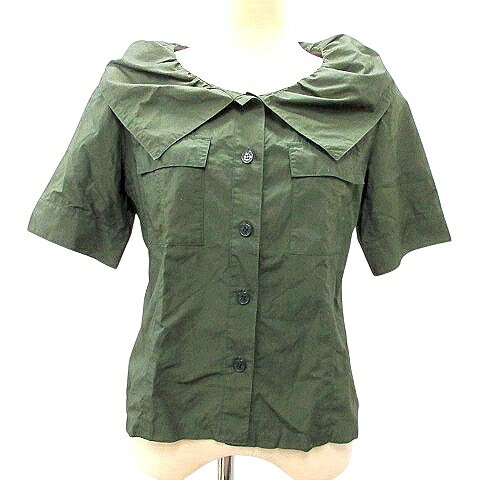 【中古】レキップヨシエイナバ L'EQUIPE YOSHIE INABA 半袖 シャツ ブラウス ビッグカラー 40 M相当 モスグリーン 緑 A0718 レディース 【ベクトル 古着】 250718