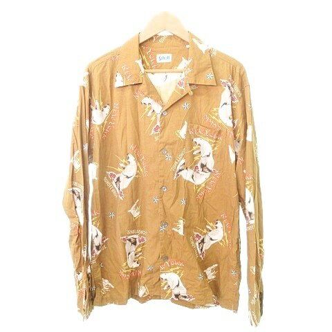 【中古】ショット SCHOTT 美品 アラスカ柄 スキッパー シャツ ブラウス 長袖 総柄 Lサイズ 茶 ブラウン..