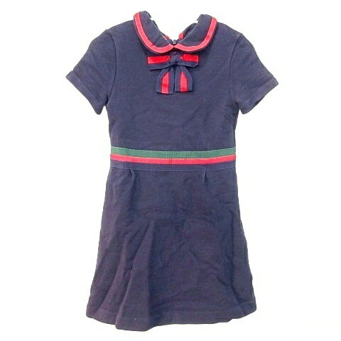 gucci///////////////\' - 【中古】グッチ GUCCI 国内正規 ワンピース 半袖 シェリーライン リボン 裏毛 6 110cm相当 紺 ネイビー A1210 キッズ 【ベクトル 古着】 251210