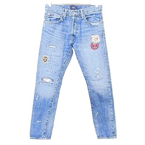 【中古】ポロ ラルフローレン POLO RALPH LAUREN 国内正規 アップリケ デニム パンツ ジーンズ クラッシュリペア加工 30×32 インディゴ A0209 メンズ 【ベクトル 古着】 260209