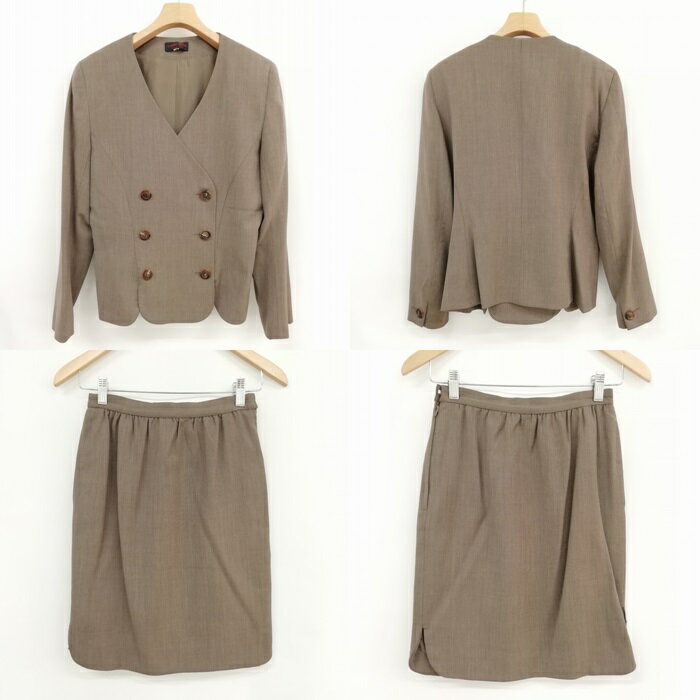 【中古】ヨシエイナバ yoshie inaba スカート スーツ セットアップ ダブル ノーカラー ジャケット ミニ丈 9 カーキ系 レディース 【ベクトル 古着】 231207