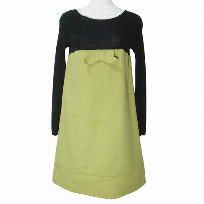 【中古】ポールカ PAULE KA ワンピース リブニット 切替 ひざ丈 長袖 リボン Aライン ウール バイカラー ブラック イエローグリーン 36 S相当 X レディース 【ベクトル 古着】 250331