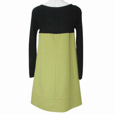 【中古】ポールカ PAULE KA ワンピース リブニット 切替 ひざ丈 長袖 リボン Aライン ウール バイカラー ブラック イエローグリーン 36 S相当 X レディース 【ベクトル 古着】 250331