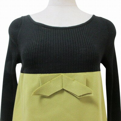 【中古】ポールカ PAULE KA ワンピース リブニット 切替 ひざ丈 長袖 リボン Aライン ウール バイカラー ブラック イエローグリーン 36 S相当 X レディース 【ベクトル 古着】 250331