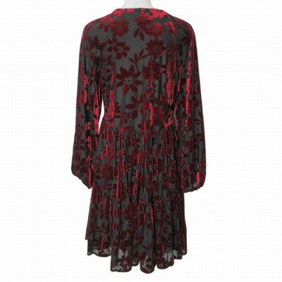 【中古】Just Taylor ジャストテイラー チュニック ワンピース フロッキープリント ひざ丈 長袖 花柄 Vネック 黒 赤 X レディース 【ベクトル 古着】 250416