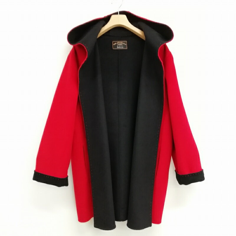 【中古】リエッコ riecco ダブルフェイス カシミヤ フーデット コート 着流し FREE レッド ブラック レディース 【ベクトル 古着】 250418