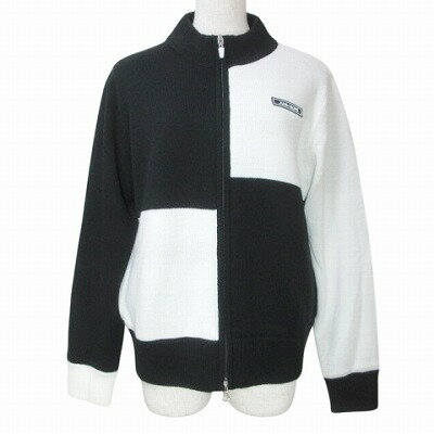 【中古】ジュン&ロペ JUN&ROPE 美品 保温裏地 ブロック切替ニットブルゾン ジャケット ゴルフウェア ジップアップ スタンドカラー ウール混 ラバーワッペン S 黒 白 X レディース 【ベクトル 古着】 250604