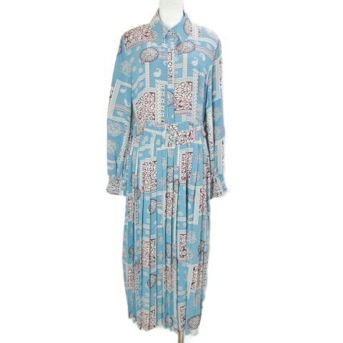 【中古】FRENCH PAVE フレンチパヴェ 美品 総柄ワンピース ロング 長袖 プリーツ ベルト付き ブルー系 X レディース 【ベクトル 古着】 250901