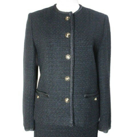 【中古】SAINT SEVERIN サンセブラン 昭和ドレス 美品 セットアップ スーツ ツイード ノーカラー ジャケット スカート 膝下丈 タイト ウール ライオンボタン 9 M相当 黒 ブラック X レディース 【ベクトル 古着】 250923