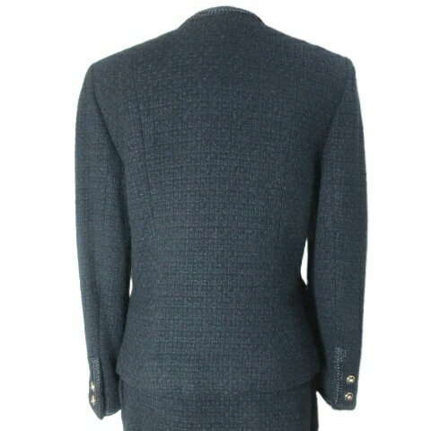 【中古】SAINT SEVERIN サンセブラン 昭和ドレス 美品 セットアップ スーツ ツイード ノーカラー ジャケット スカート 膝下丈 タイト ウール ライオンボタン 9 M相当 黒 ブラック X レディース 【ベクトル 古着】 250923